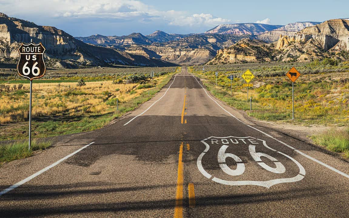 Historic Route 66 shield sign along the highway